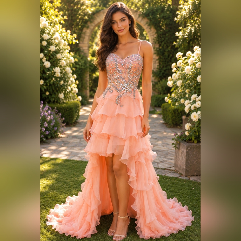 NWT Sherri Hill peach strapless high-low layered evening dress, Size 4